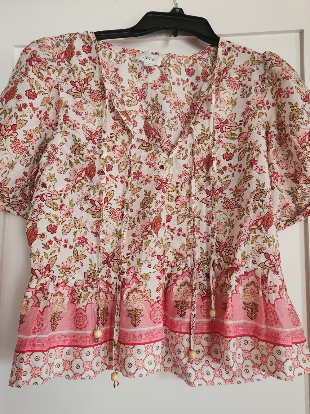 CeCe Floral Peasant Blouse in Pink and Cream with Green Accents